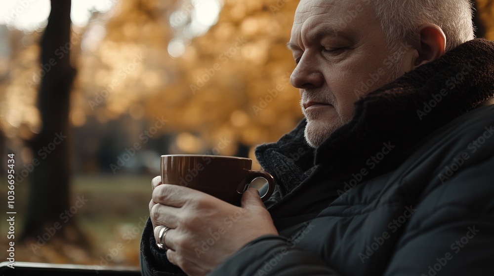 Middle-aged man with slight tremor holding cup of coffee on park bench, symbolizing struggle with Parkinson's disease, calm natural setting. Middle-aged man with slight tremor holding cup of coffee on park bench, symbolizing struggle with Parkinson's disease, calm natural setting.