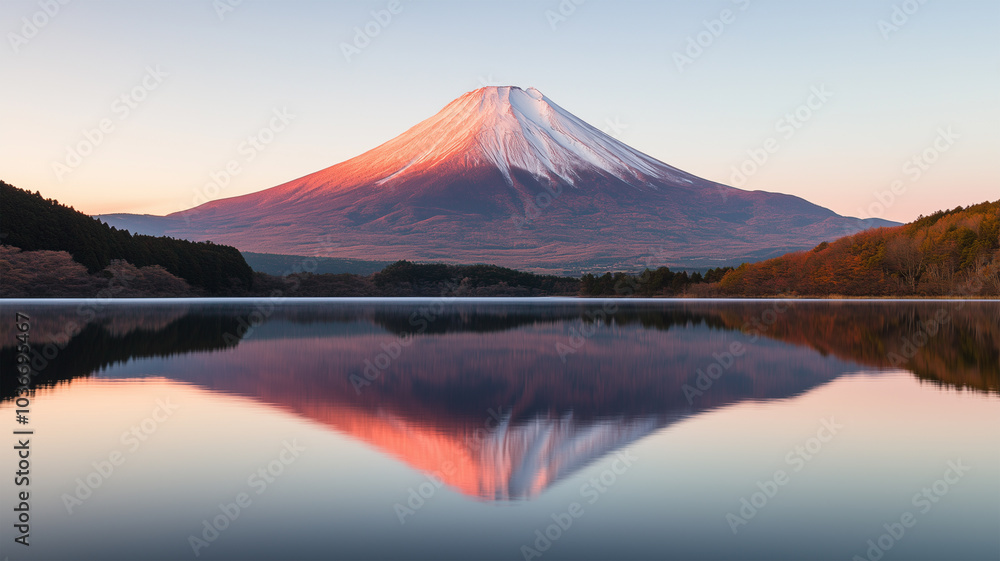 Fototapeta premium 夜明けの静寂と雪の赤富士