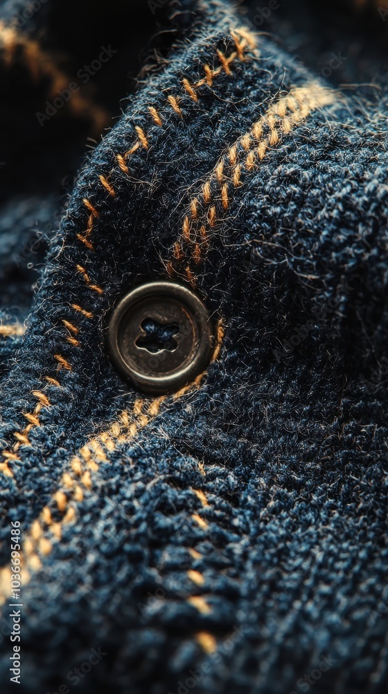 Close-up of a denim fabric with a button and intricate stitch patterns. Close-up of a denim fabric with a button and intricate stitch patterns.