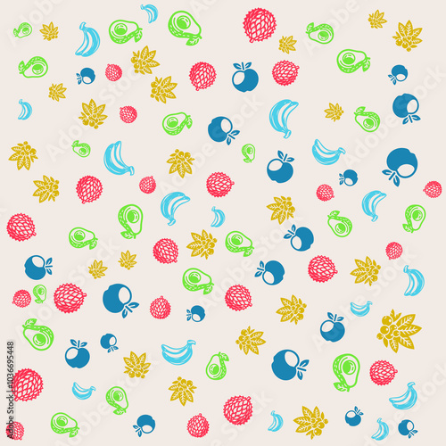Fruit icons in pattren design pattern with various colors and shapes