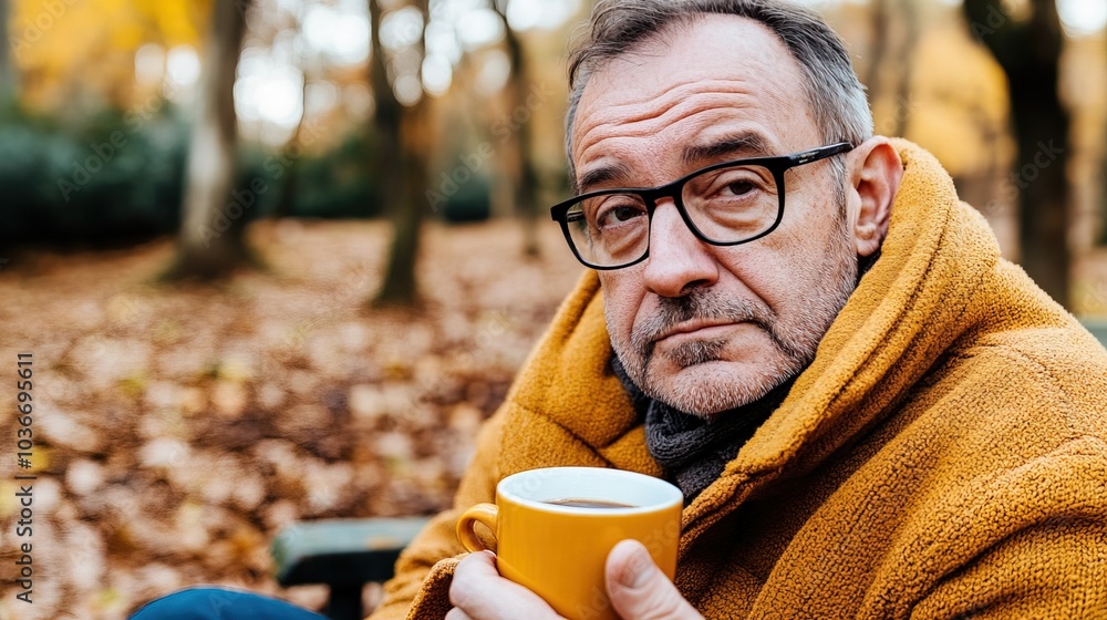 Middle-aged man with slight tremor holding cup of coffee on park bench, symbolizing struggle with Parkinson's disease, calm natural setting. Middle-aged man with slight tremor holding cup of coffee on park bench, symbolizing struggle with Parkinson's disease, calm natural setting.