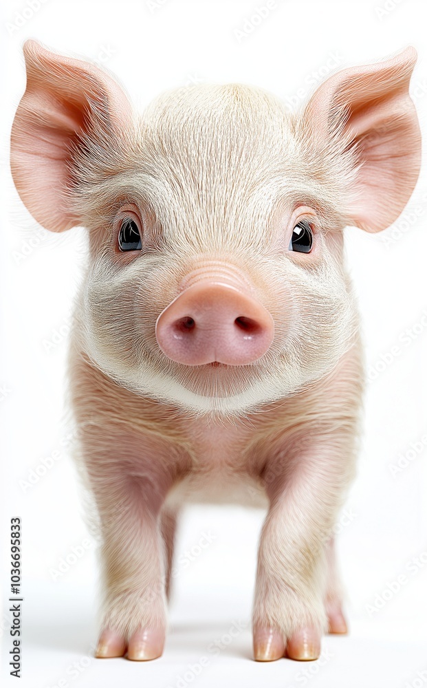 A cute piglet with a pink snout and soft ears, white background A cute piglet with a pink snout and soft ears, white background