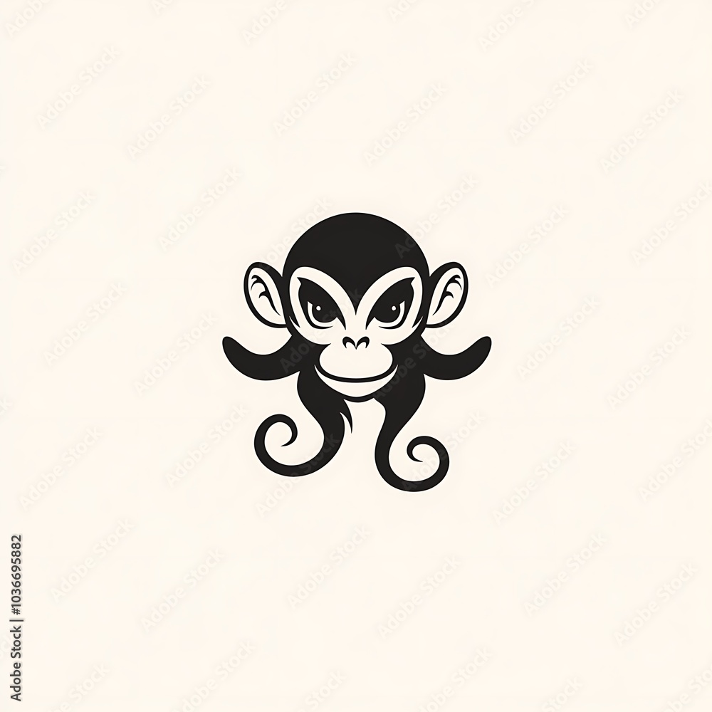 Fototapeta premium A black and white illustration of a monkey head with curly hair.
