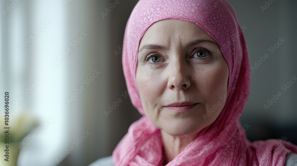 A older woman with cancer, wearing a pink scarf, looks directly into the camera Breast Cancer support A older woman with cancer, wearing a pink scarf, looks directly into the camera Breast Cancer support
