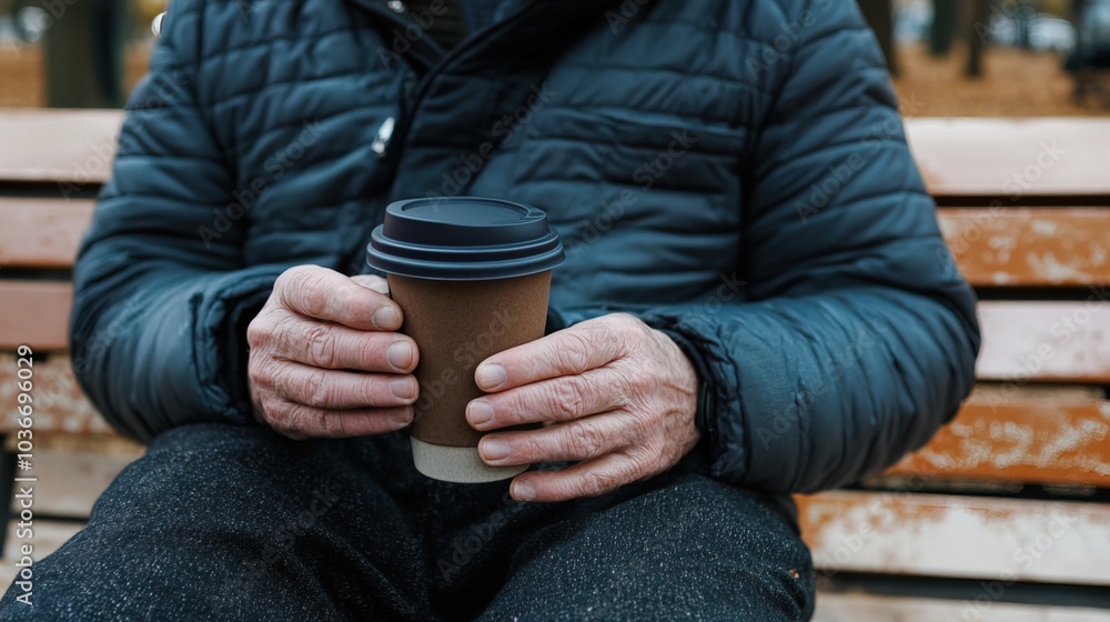 Middle-aged man with slight tremor holding cup of coffee on park bench, symbolizing struggle with Parkinson's disease, calm natural setting. Middle-aged man with slight tremor holding cup of coffee on park bench, symbolizing struggle with Parkinson's disease, calm natural setting.