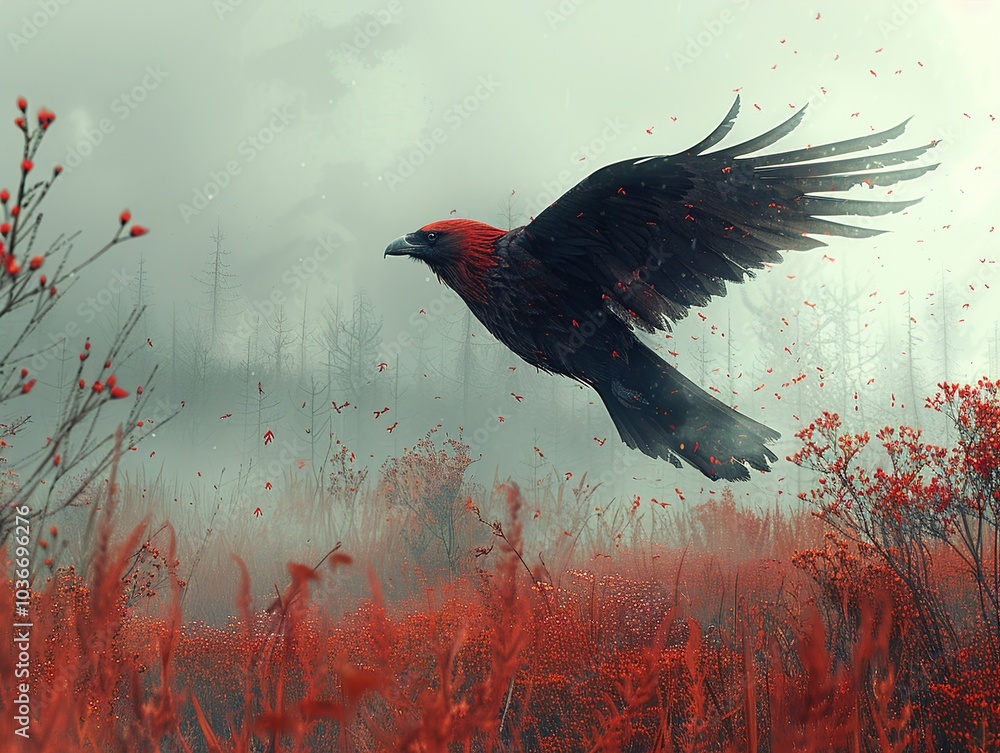 Fototapeta premium Raven in Flight Through a Foggy Forest