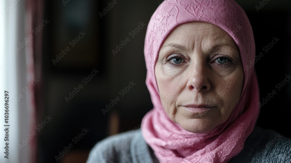 A older woman with cancer, wearing a pink scarf, looks directly into the camera Breast Cancer support A older woman with cancer, wearing a pink scarf, looks directly into the camera Breast Cancer support