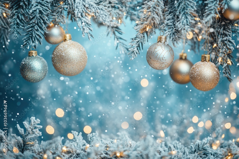 Beautiful baubles hang on fir tree branches against a snowy blue Christmas background Beautiful baubles hang on fir tree branches against a snowy blue Christmas background