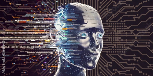 Futuristic Digital Human Head with Circuit Board Interface. Abstract digital intelligence concept with futuristic AI brain network, data streams, and technological elements. photo