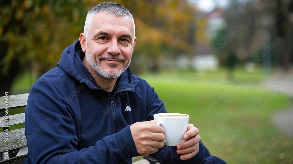 Middle-aged man with slight tremor holding cup of coffee on park bench, symbolizing struggle with Parkinson's disease, calm natural setting. Middle-aged man with slight tremor holding cup of coffee on park bench, symbolizing struggle with Parkinson's disease, calm natural setting.