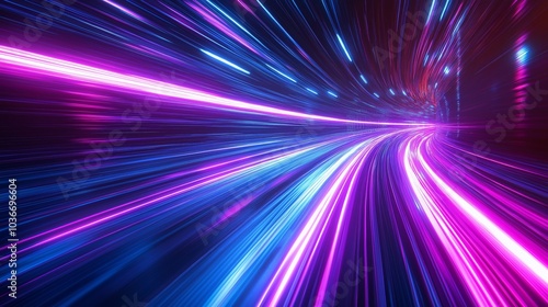 A dynamic light streaks effect with purple and blue colors, representing the high speed of data transfer in futuristic technology or digital transformation concepts. 