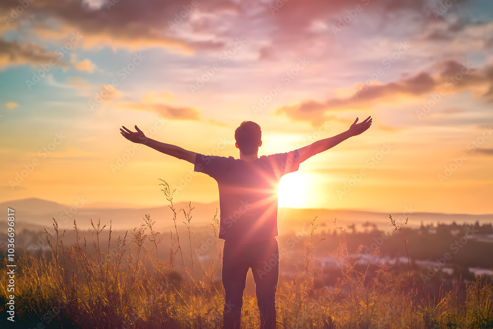 Happy man rise hand on morning view. Christian inspire praise God on good friday background. Now one man self confidence on peak open arms enjoying nature the sun concept world wisdom fun hope Happy man rise hand on morning view. Christian inspire praise God on good friday background. Now one man self confidence on peak open arms enjoying nature the sun concept world wisdom fun hope