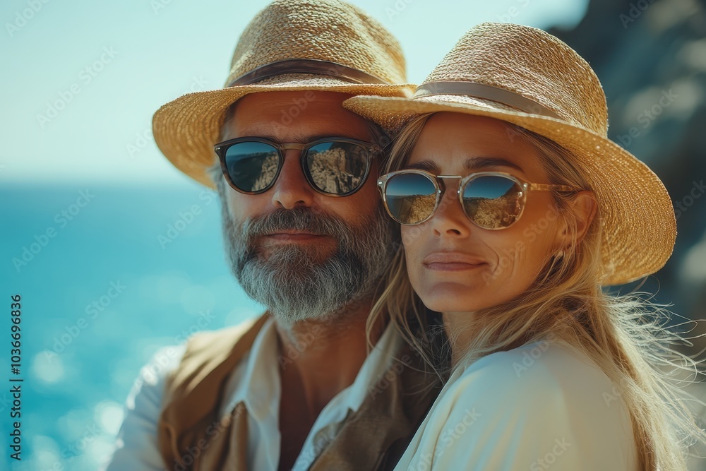 Couple enjoying a sunny coastal getaway, wearing hats and sunglasses, near crystal-clear waters and rocky cliffs Couple enjoying a sunny coastal getaway, wearing hats and sunglasses, near crystal-clear waters and rocky cliffs