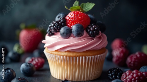 A front view of a delectable cupcake decorated with assorted forest fruits