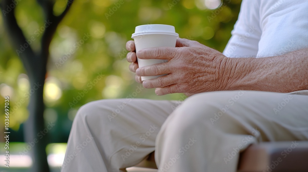 Middle-aged man with slight tremor holding cup of coffee on park bench, symbolizing struggle with Parkinson's disease, calm natural setting. Middle-aged man with slight tremor holding cup of coffee on park bench, symbolizing struggle with Parkinson's disease, calm natural setting.
