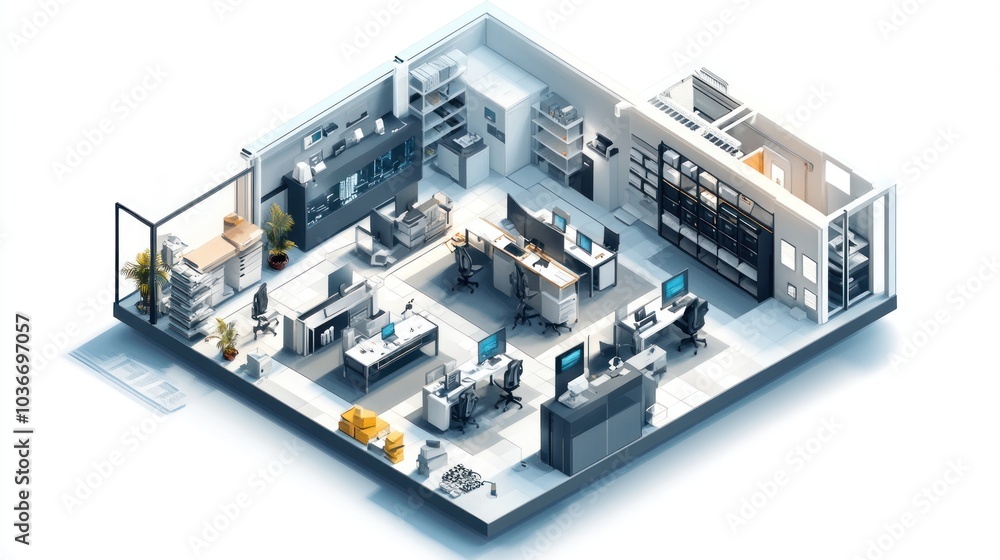 A modern office layout featuring workstations, shelves, and plants for productivity. A modern office layout featuring workstations, shelves, and plants for productivity.