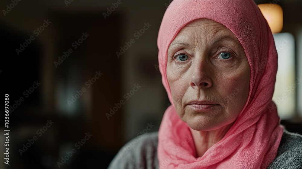 A older woman with cancer, wearing a pink scarf, looks directly into the camera Breast Cancer support A older woman with cancer, wearing a pink scarf, looks directly into the camera Breast Cancer support