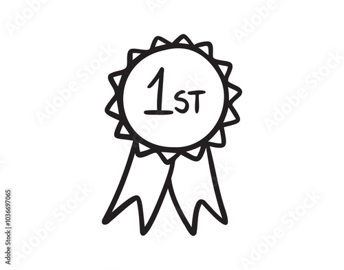 First place, winner reward, rosette hand drawn doodle icon. Medal number 1 icon Simple vector sign.