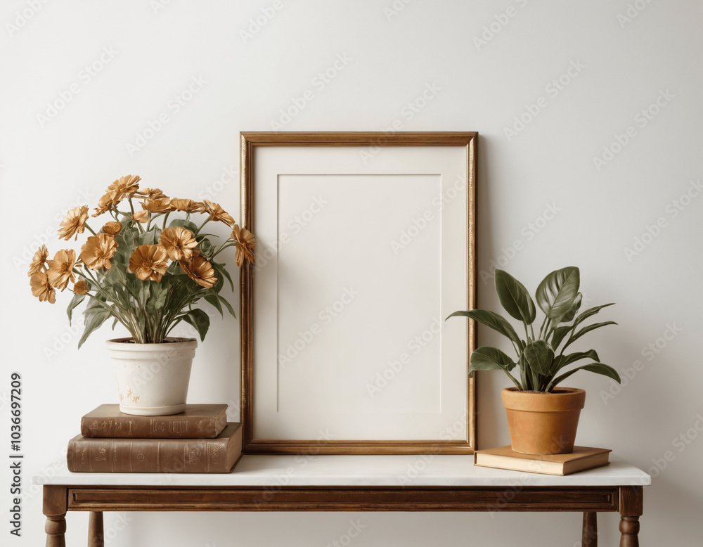 Mock up frame on a table with flowers pot and pile of books, vintage style Mock up frame on a table with flowers pot and pile of books, vintage style
