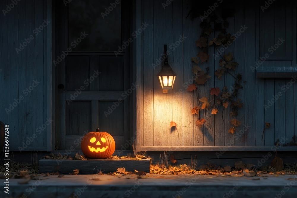 Obraz premium A glowing jack-o-lantern sits peacefully on a porch step under a streetlight surrounded by leaves