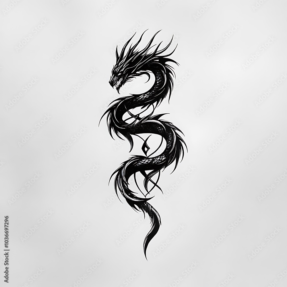 A black and white illustration of a stylized dragon with a serpentine body and detailed scales, set against a grey background. A black and white illustration of a stylized dragon with a serpentine body and detailed scales, set against a grey background.