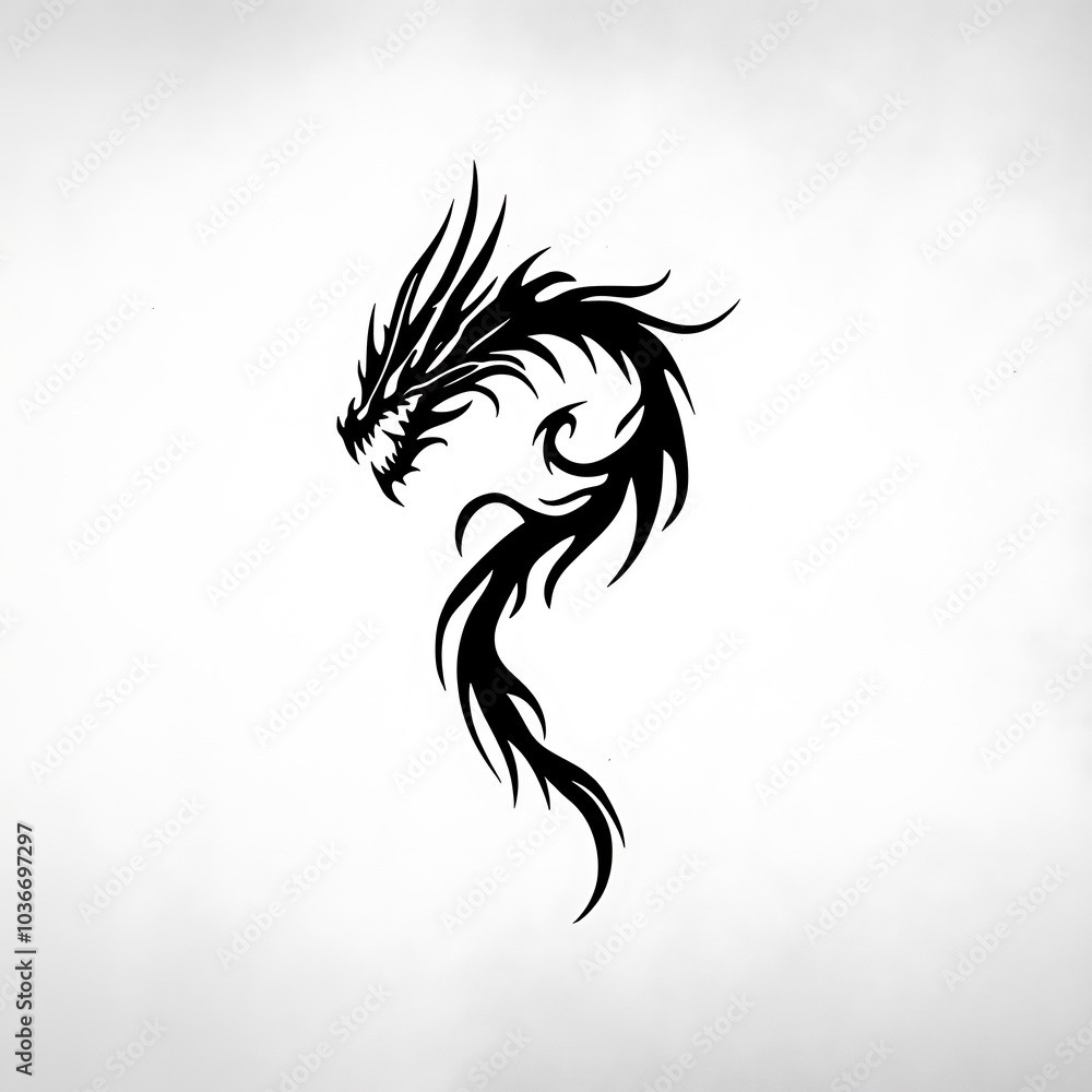 A black and white illustration of a stylized dragon in a coiled position with its head turned to the side. A black and white illustration of a stylized dragon in a coiled position with its head turned to the side.