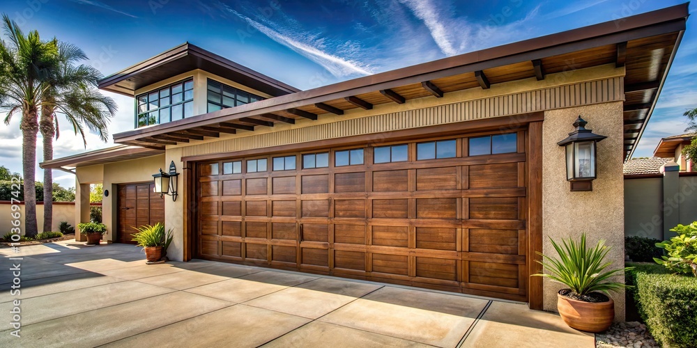 Brown Wooden Garage Door with Glass Panes in Huntington Beach, California - Architectural Photography of Unique Designs, Coastal Homes, and Modern Aesthetics Brown Wooden Garage Door with Glass Panes in Huntington Beach, California - Architectural Photography of Unique Designs, Coastal Homes, and Modern Aesthetics