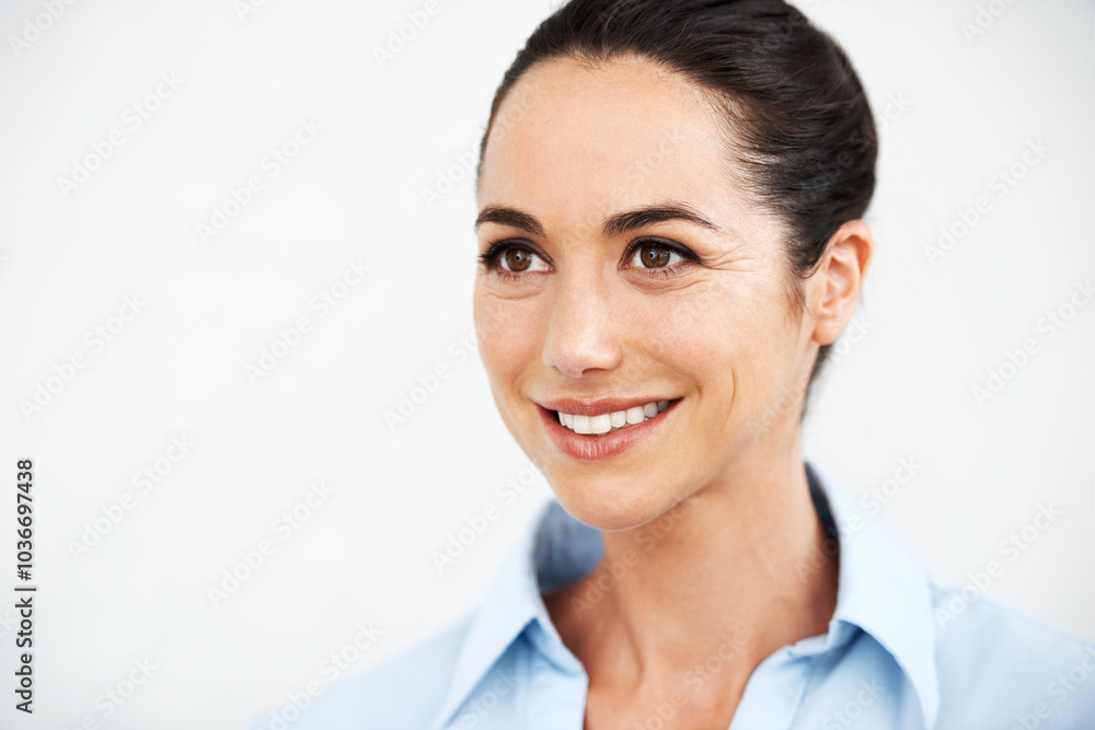 Woman, professional and studio for thinking, future and inspiration for business growth opportunity. Female person, mockup space and employee brainstorming on solution, planning and white background Woman, professional and studio for thinking, future and inspiration for business growth opportunity. Female person, mockup space and employee brainstorming on solution, planning and white background