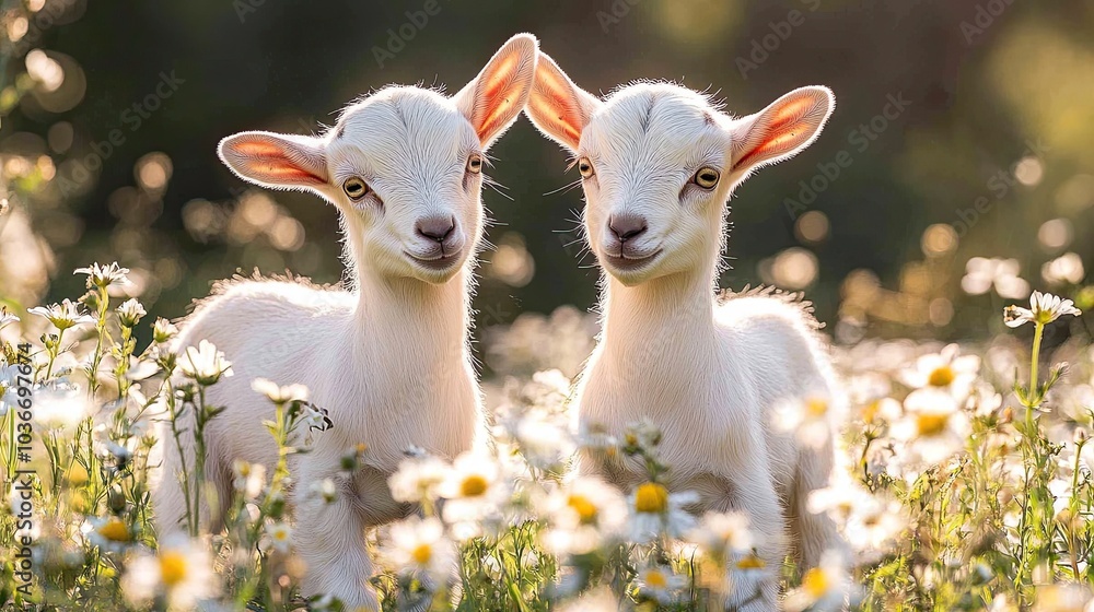 Two adorable baby goats are having fun in the flower-filled pasture. farm animals. Two adorable baby goats are having fun in the flower-filled pasture. farm animals.