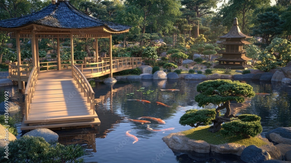 A traditional Japanese garden with a tranquil koi pond A traditional Japanese garden with a tranquil koi pond