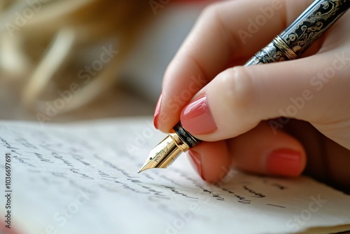 Writer is composing a letter using a vintage fountain pen, bringing a touch of nostalgia and elegance to the act of writing photo