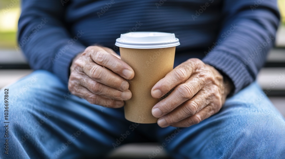 Middle-aged man with slight tremor holding cup of coffee on park bench, symbolizing struggle with Parkinson's disease, calm natural setting. Middle-aged man with slight tremor holding cup of coffee on park bench, symbolizing struggle with Parkinson's disease, calm natural setting.