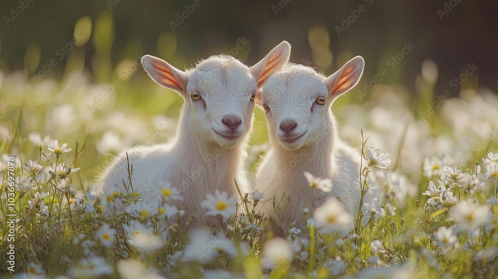 Two adorable baby goats are having fun in the flower-filled pasture. farm animals. Two adorable baby goats are having fun in the flower-filled pasture. farm animals.