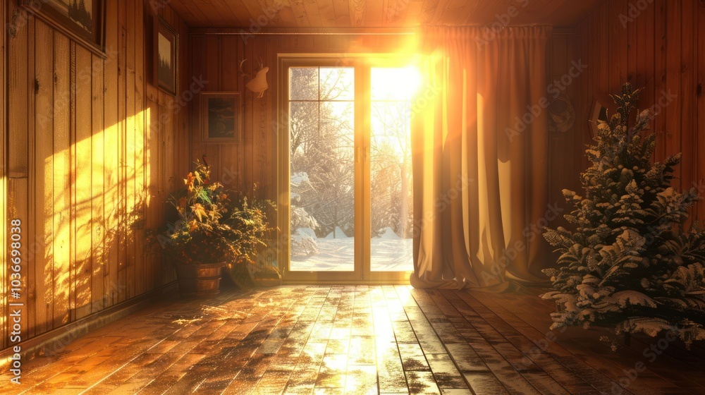 Sun shines through window in a wooden cabin, illuminating a Christmas tree and hardwood floor. Sun shines through window in a wooden cabin, illuminating a Christmas tree and hardwood floor.