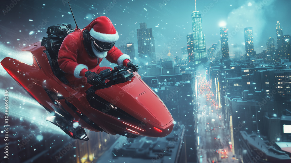 Fototapeta premium 空を滑る未来のサンタロボット