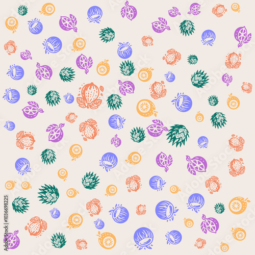 Fruit icons in pattren design pattern with various colors and shapes