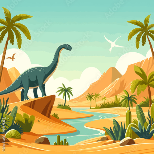 A dinosaur is standing on a rock in front of a river