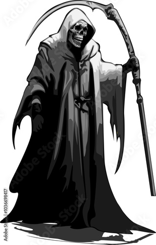 Mysterious and haunting hand drawn illustration of the Grim Reaper, symbolizing the inevitable cycle of life and death.