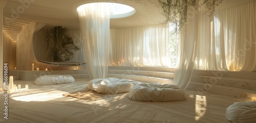 A minimalist, serene room with white curtains, a round skylight, and white cushions on a sandy floor.