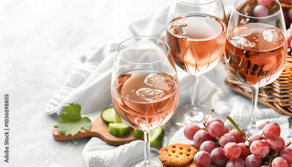 Glasses of delicious rose wine, food and basket on white picnic blanket, space for text Glasses of delicious rose wine, food and basket on white picnic blanket, space for text
