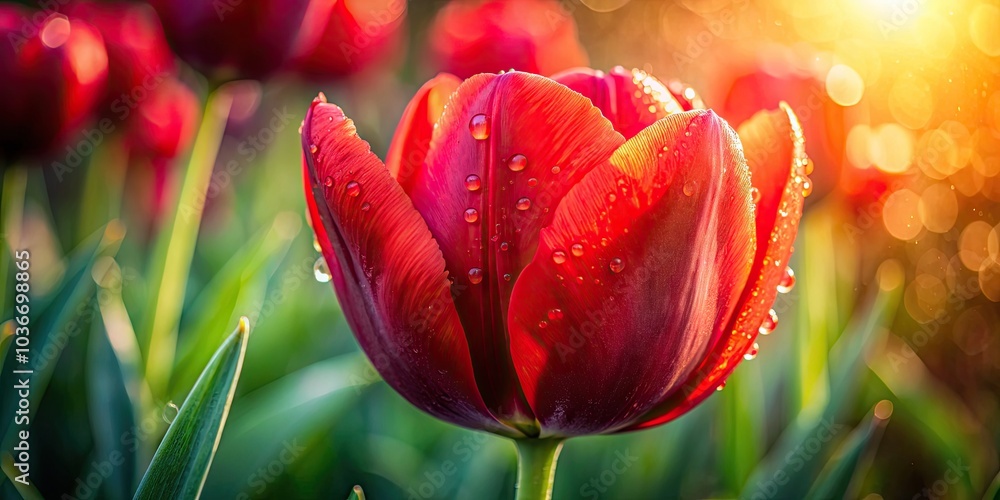 Fototapeta premium Captivating Red Tulip Flower with Morning Dew Drops in Soft Low Light, Beautiful Nature Photography, Floral Close-Up, Freshness, Spring Bloom, Botanical Art, Serenity