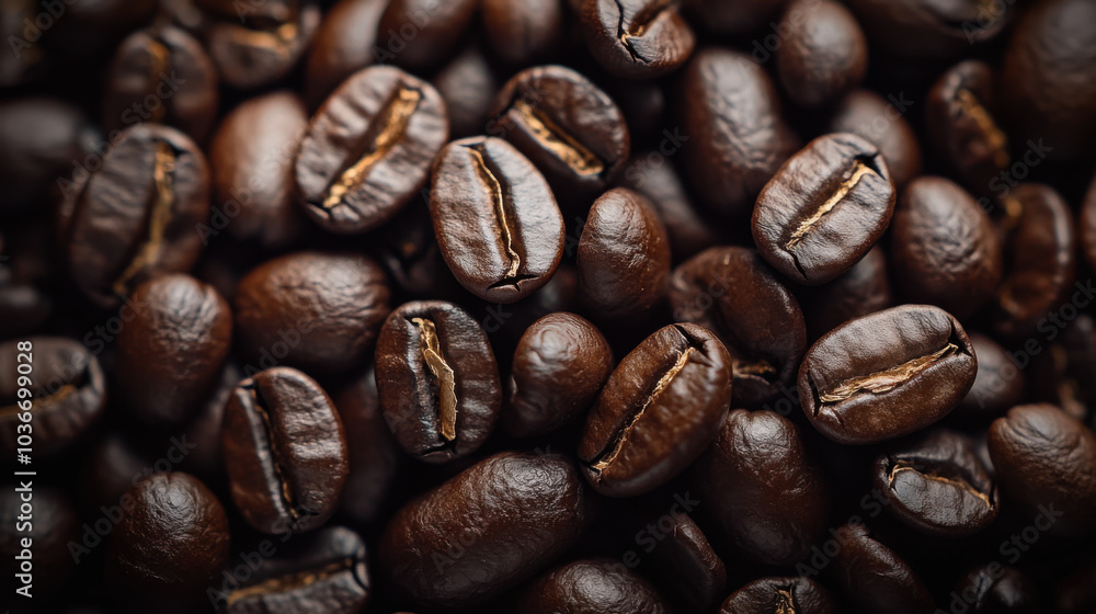 Rich, dark roasted coffee beans scattered on a textured surface, perfect for brewing espresso or drip coffee at any time of day Rich, dark roasted coffee beans scattered on a textured surface, perfect for brewing espresso or drip coffee at any time of day