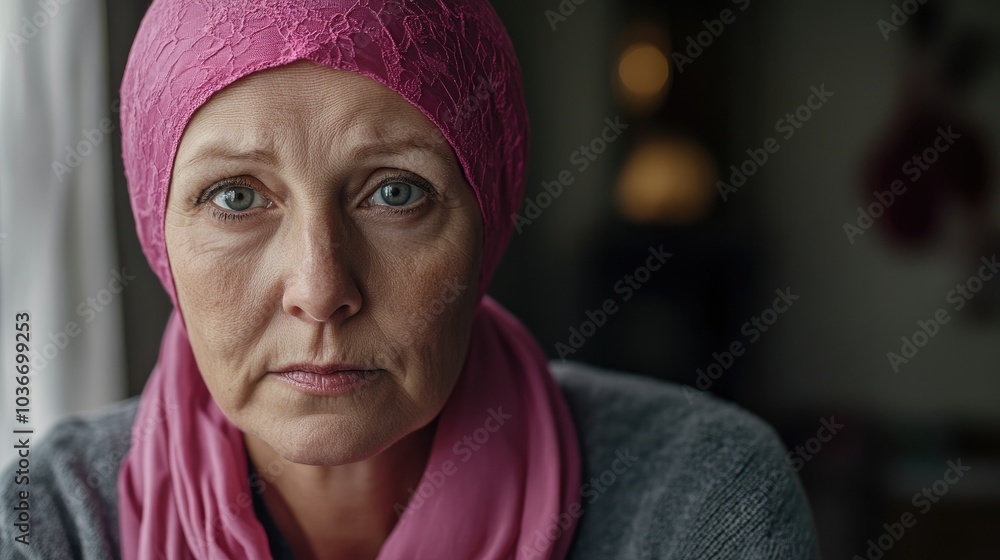 A older woman with cancer, wearing a pink scarf, looks directly into the camera Breast Cancer support A older woman with cancer, wearing a pink scarf, looks directly into the camera Breast Cancer support