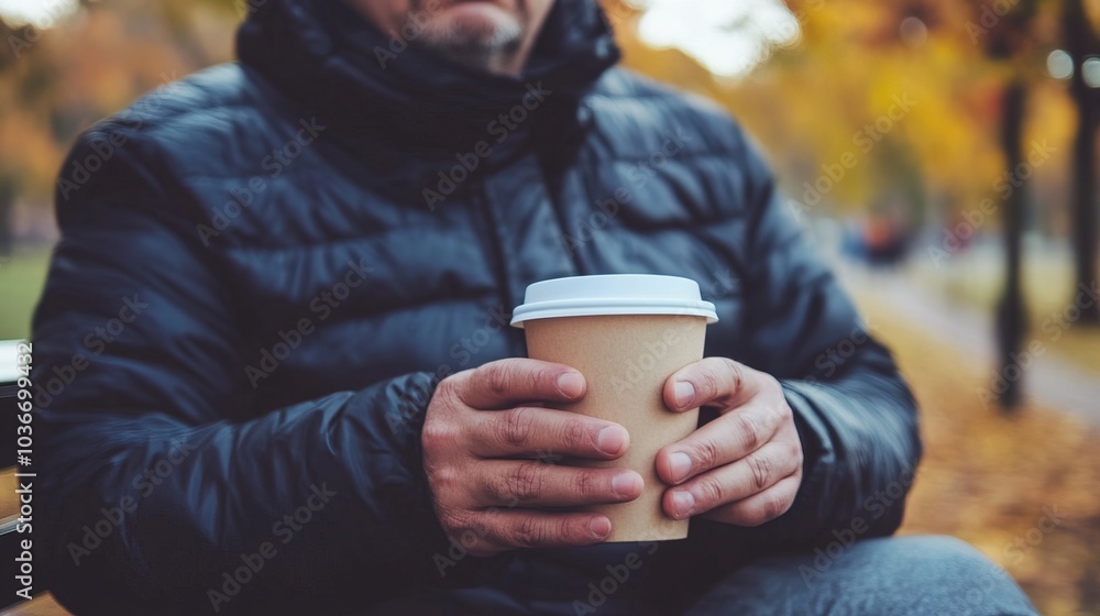 Middle-aged man with slight tremor holding cup of coffee on park bench, symbolizing struggle with Parkinson's disease, calm natural setting. Middle-aged man with slight tremor holding cup of coffee on park bench, symbolizing struggle with Parkinson's disease, calm natural setting.