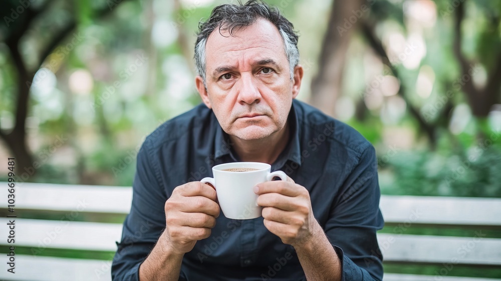 Middle-aged man with slight tremor holding cup of coffee on park bench, symbolizing struggle with Parkinson's disease, calm natural setting. Middle-aged man with slight tremor holding cup of coffee on park bench, symbolizing struggle with Parkinson's disease, calm natural setting.