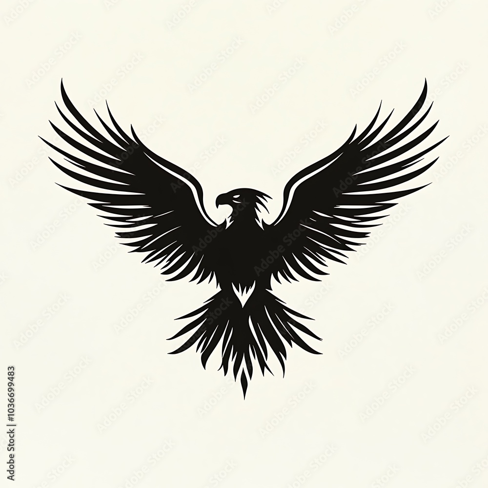 Obraz premium A black and white illustration of an eagle with its wings spread wide.