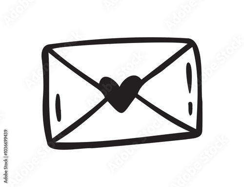 Crafted hand drawn love letter envelope with a charming heart symbol. Doodle drawing