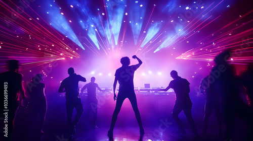 Silhouette image of people in ultraviolet light dance in disco night club to music from DJ on stage . New year night party and nightlife concept .