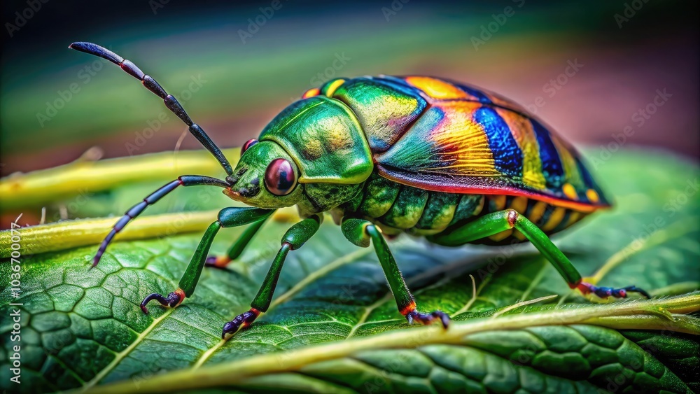 Naklejka premium Closeup of Beautiful Wildlife Bug on Green Leaf - Macro Nature Photography, Insects in Habitat, Vibrant Colors, Detailed Features, Close-Up Shots of Nature, Biodiversity, Environmental Beauty