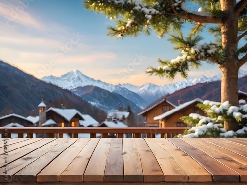 wooden table and bench in winter landscape with snow covered mountains